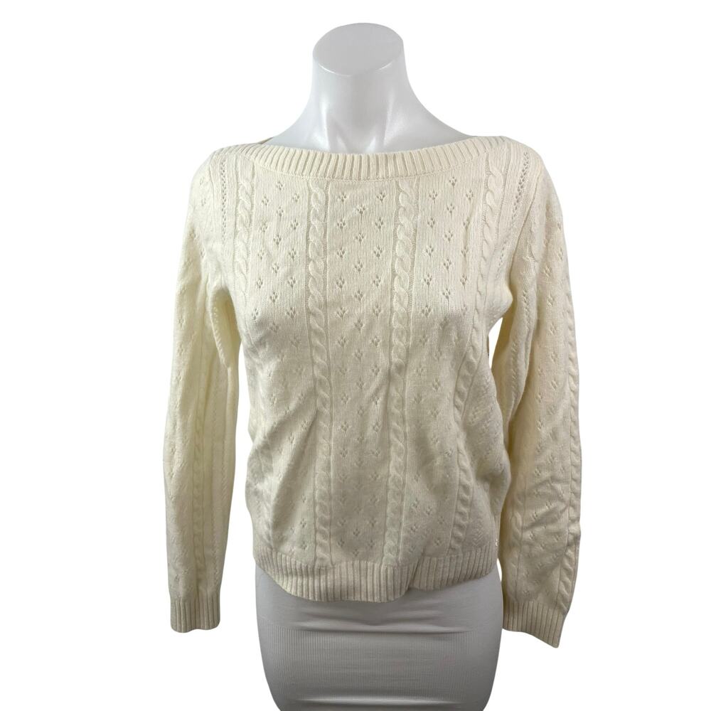 Aritzia Sunday Best Wool Cream Cable Knit Boat Neck Long Sleeve Sweater Top Sz S